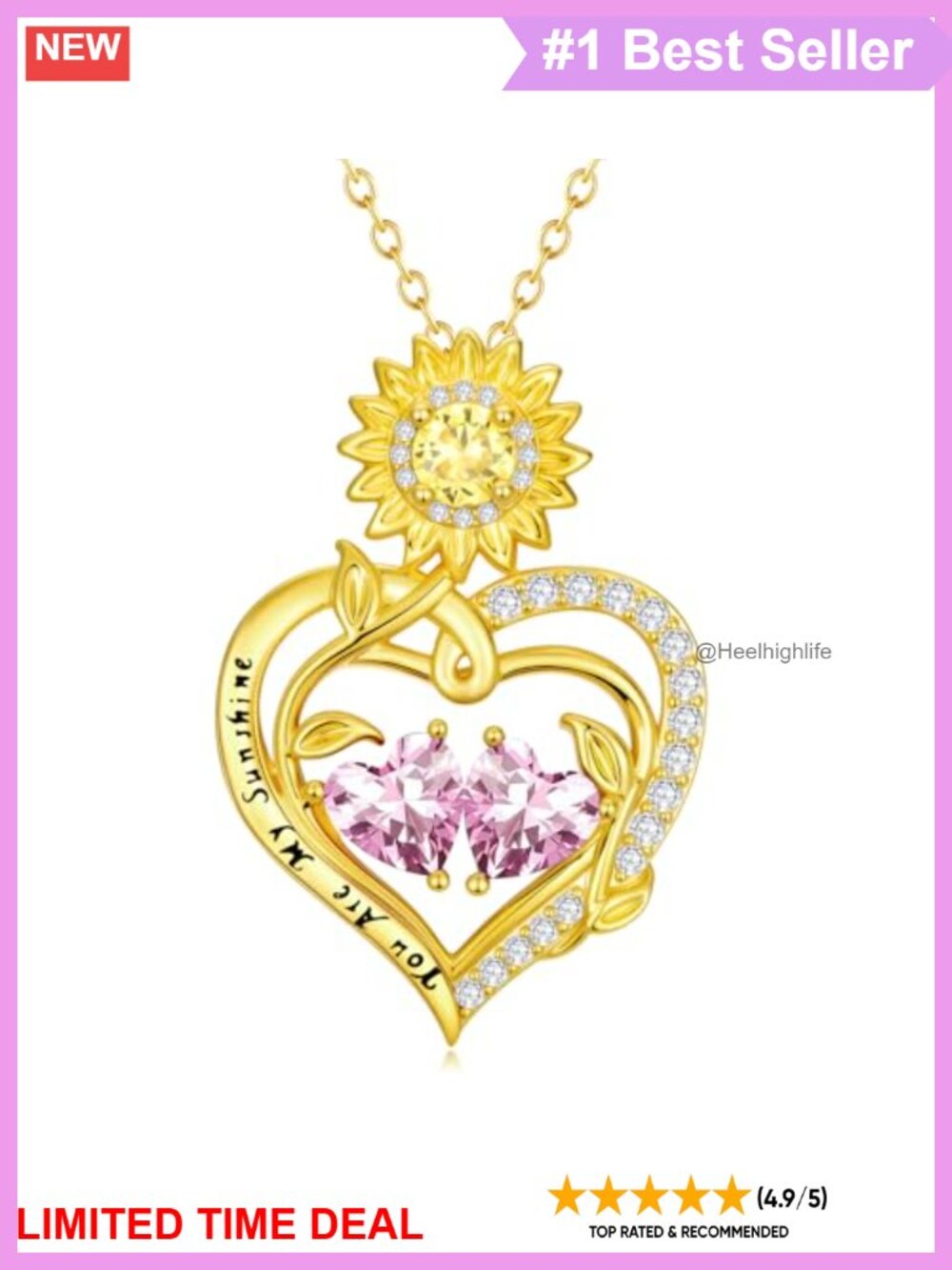 14K Gold Sunflower Birthstone Necklace Heart Pendant